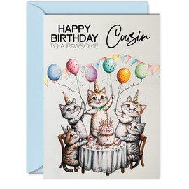 Cousin Birthday Card - Pawsome Party Cats Balloons - Happy Birthday Card for Cousin from Cousin Relative, 5x7 Inch Male Female Cat Bday Greeting Cards