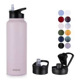 MURBONE Stainless Steel Drinking Bottle 1.2 L (+ 2 Lids) with Straw, BPA-Free, Leak-Proof, Suitable for Carbonated Drinks, Thermos Flask, Vacuum Double Wall Insulation for Sports, Travel, Camping
