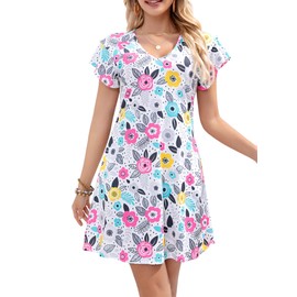 KHPAERMEI Women's Casual Sundress 2025 Summer Boho Beach Dress Floral Print T-Shirts Dress V Neck Loose Vacation Hawaiian Dress White