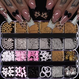 Bow Nail Charms Kit, Jremg 3D Nail Charms and Gems Flatback Mini Gold Silver Beads Nail Art Charms Multiple Style Blossom Flower Nail Supplies for Manicure Design Nail Decoration 2Boxes