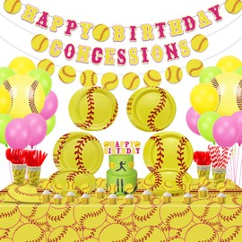 213Pcs Softball Party Decorations - Softball Themed Party Decorations Includes Softball Plates, Napkins, Tablecloth, Cups, Concessions Banner for Sports Softball Party Softball Birthday Party Supplies