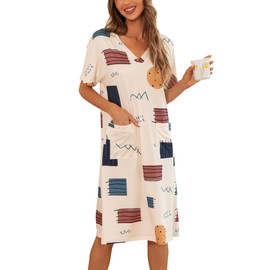 YYA Women's V Neck Nightgowns Short Sleeve Loose Sleepwear with Pocket Comfy Nightshirt, Yelleow Color Block Apricot