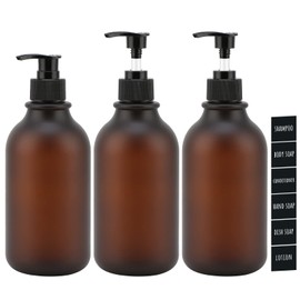 Segbeauty Soap Dispenser, Pack of 3 500 ml Shampoo Bottles for Filling, Pump Dispenser with Labels, Refillable Plastic Bottle for Kitchen, Bathroom, Soap Dispenser Brown Matt, Soap Dispenser Set