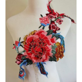 1pcs Red Beautiful Large Peony Flowers Embroidered Sewing Applique Patches
