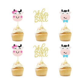 Heifer Or Bull Cupcake Toppers, Cute Cow Gender Reveal, Farm Baby Shower Decor, Double-Sided Glitter (12Pcs)