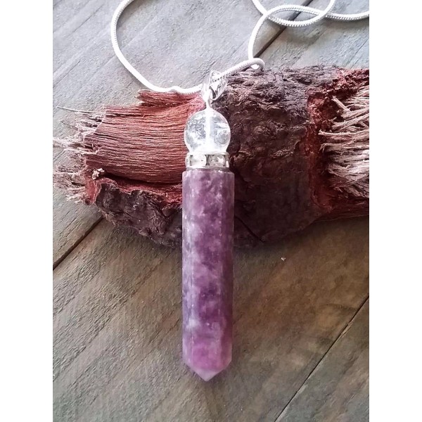 LILAC LEPIDOLITE PENDANT With DIAMOND CUT CRYSTAL TOP And CHAIN