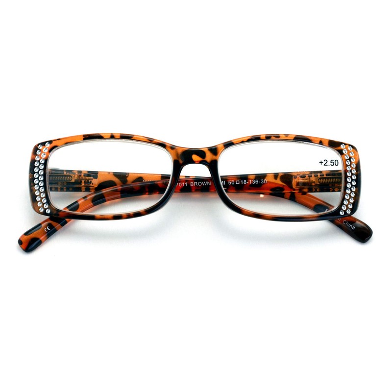 V.W.E. Women Rectangular Rhinestones Reading Glasses - Fashion Leopard Clear