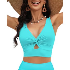 Vetinee Women's Bikini Top Tankini Top Adjustable Padded Knot Twist Swimwear Bikini Top, Aqua Blue