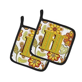 Caroline's Treasures CJ2003-HPTHD Letter H Floral Mustard and Green Pair of Pot Holders Kitchen Heat Resistant Pot Holders Sets Oven Hot Pads for Cooking Baking BBQ, 7 1/2 x 7 1/2