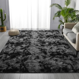 Deerhoo Large Shag Area Rugs 9 x 12, Tie-Dyed Plush Fuzzy Rugs for Living Room, Ultra Soft Fluffy Furry Rugs for Bedroom, Indoor Carpet Nursery Rugs for Kids Room Home Decor, Dark Grey