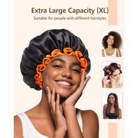 mikimini Extra Large Black Shower Caps Pack of 2 for Women and Men Thick Long Hair Braids, Reusable Waterproof Double Layers XL Bathing Hair Cap with Vibrant Orange Edge (Black)