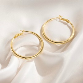 AMELINE 14K Gold Earrings for Women, Shiny Gold Hoops, Small Hoop Earrings for Women Trendy, Hypoallergenic Thicker Gold Hoop Earrings, Well-polished Finish 30mm