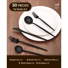 Stapava 30-Piece Matte Black Silverware Set, Stainless Steel Flatware Set for 6, Satin Finish Cutlery Include Forks Spoons and Knives Set for Home Restaurant, Dishwasher Safe Utensils Set