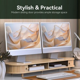 WELL WENG Bamboo Dual Monitor Stand with Storage, Curved Double Computer Laptop Stand Desk Shelf Organizer with Sliding Doors (42 inch)