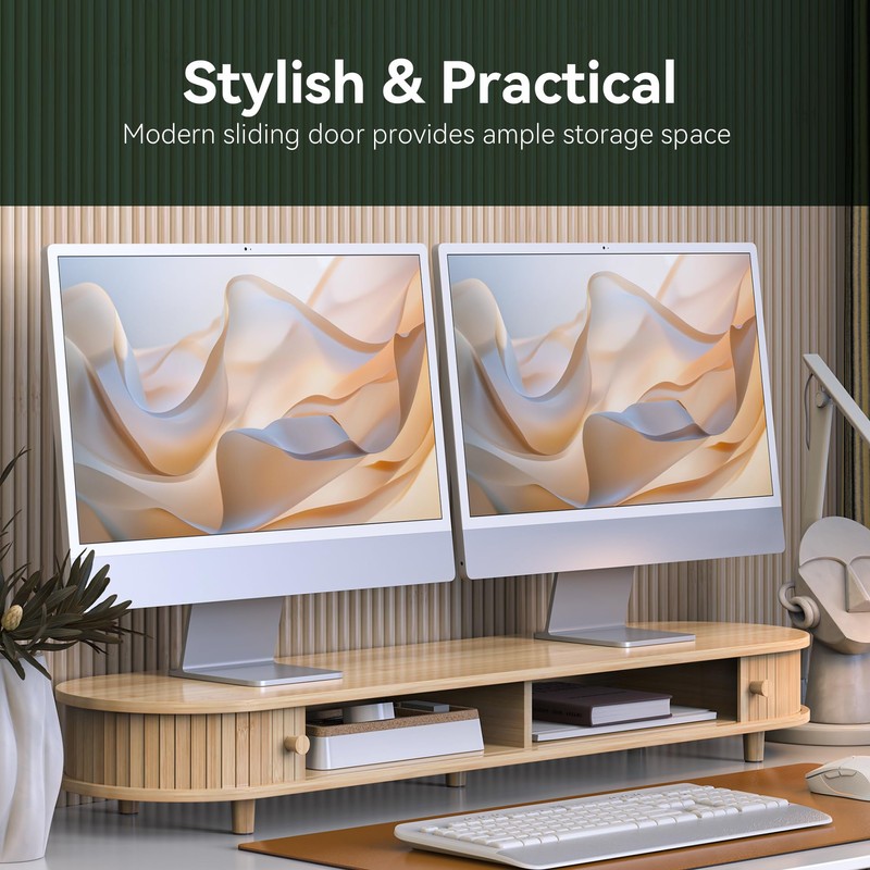 WELL WENG Bamboo Dual Monitor Stand with Storage, Curved Double