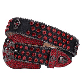 MUKINGBELTS Men Women Skull Rhinestone Belts Crystal Luxury Strap Studded Belt For Cowboy Cowgirl Jeans Pants, Black-red, 48: Fit waist from 36"-38"