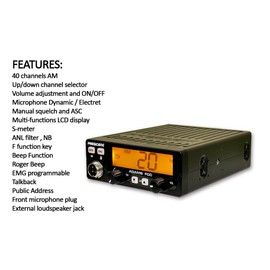 President Adams FCC CB Radio. Large LCD with 7 Colors, Programmable EMG Channel Shortcuts, Roger Beep and Key Beep, Electret or Dynamic Mic, ASC and Manual Squelch, Talkback