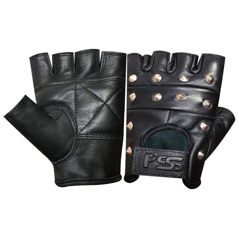 Prime Sports PrimeLeather Quality Real Leather Black Stud Fingerless Biker