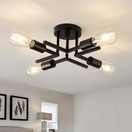 Industrial 4-Lights Semi Flush Mount Ceiling Light Fixture Modern Metal Black Sputnik Chandeliers with E26 Bulb Base Close to Ceiling Light for Kitchen Dining Room Living Room Hallway Bedroom Entryway