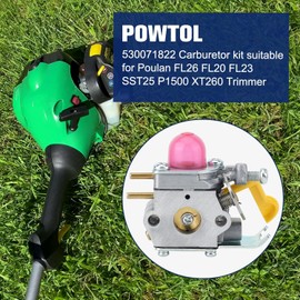 Powtol SST25 Carburetor for Poulan Weedeater Featherlite FL26 FL20 XT260 SST25CE SST25C FL20C FX26S FX26SC FL25 MX550 FX26 XT700 TE475 MX557 Trimmer Replace 530071822 C1U-W18