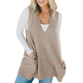 Saodimallsu Womens Sleeveless Sweater Vest V Neck Loose Knit Casual A Line Flattering Tunic Top with Pockets Khaki
