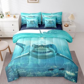 Feelyou Shark Comforter Set with Sheets Shark Fish 7 Piece Bedding Set King Size for Kids, Sea Animal Bed in a Bag with Reversible Comforter, Sheets, Pillowcases & Cushion Cover