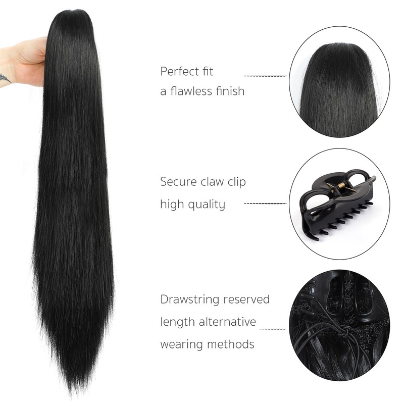 PARXITN Claw Jaw Clip-In Ponytail Hair Extensions, Synthetic Hairpiece, Black,