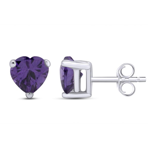 Heart Shape Simulated Violet Amethyst Stud Earrings In 14K White