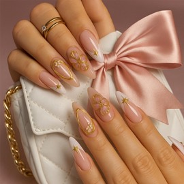 24PCS 3D Floral Nude Gradient Gold Outline Stiletto Shape Press-On Nails with 3D Flower Pearl Decorations, False Nails Almond Medium French Tip, Fake Stick on (Art Deco Gold)