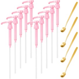Patelai 14 Pcs Coffee Syrup Pumps for 750 ml/25.4 Oz Bottles Square Reusable Coffee Stirrers Set Included 10 Pcs Pink Coffee Syrup Pump Dispenser and 4 Pcs Iced Teaspoon for Drinking Mixes Flavoring