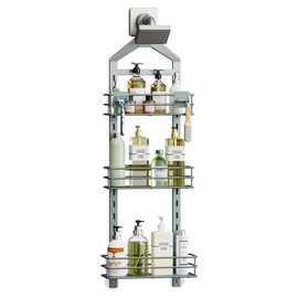 Orimade Adjustable Anti-slip Shower Caddy Overhead, Rustproof Hanging Shower Organizer With 2 Razor Hooks - No Drilling, 3-Tier Shelves, Silver Grey