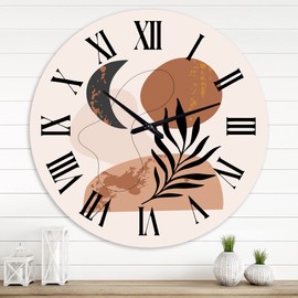 DesignQ Modern Wall Clock 'Moon & Sun Shapes in Retro Terracotta Tones I' Abstract & Fractals Large Wall Clock for Living Room Decor