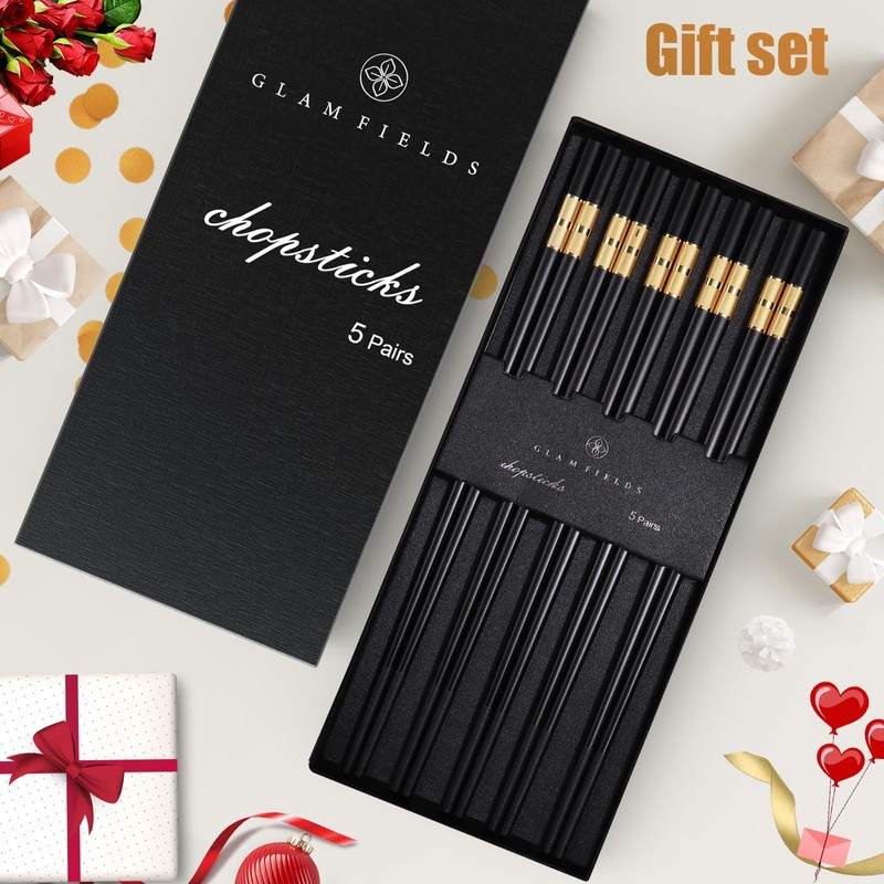 GLAMFIELDS 5 Pairs Premium Chopsticks Reusable Dishwasher Safe 9.5 Inch