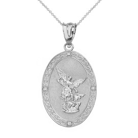 Sterling Silver Saint Michael The Archangel CZ Oval Medal Necklace (1"), 16"
