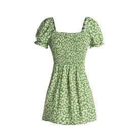 RoseSeek Girl's Boho Summer Dress Floral Short Sleeve Square Neck Cute A Line Mini Short Spring Dresses Green 10Y