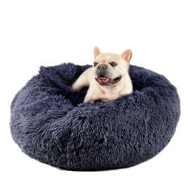Himax Medium Dog Bed, Round Dog Bed with Blanket Attached, Comfort Fluffy Calming Dog Bed Washable (20"/26"/35") Deep Grey