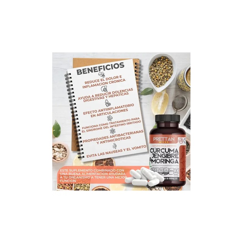 Cúrcuma Jengibre Y Moringa Prettan Suplemento 600mg 90 Caps