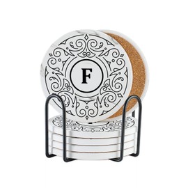 Onebttl Monogrammed Coaster Gifts Set of 6, Initial Letter, Ceramic, Absorbent with Cork Base, Home Decor for Family, Housewarming, Thanksgiving, Friends, Birthday, Christmas - F
