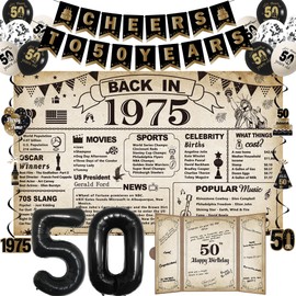 DARUNAXY 50th Birthday Party Decorations for Men Women, Vintage Back in 1975 Banner, Black 50 Number Balloons, Vintage Happy 50th Birthday Signature Guest Book & Hanging Swirl Confetti Balloons(22PC)