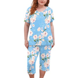 POPYOUNG Plus Size L-5XL Short Sleeves Tunic Top Womens Pajamas sets with Comfy 3/4 Pants Sleepwear Pjs Sets with Pockets 2XL,Floral light blue