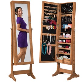 Best Choice Products Freestanding Jewelry Armoire Cabinet, Full Length Standing Mirror, Lockable Makeup Storage Organizer, w/Velvet Lining, 3 Angles, Lock, Accessory Pouch, 5 Shelves - Rustic Brown