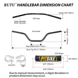 Handlebars 7/8 Inch for Motorcycle,RUTU Upgraded Universal Dirt Bike Handle Bar with Crossbar Pad Mid-Rise Mini Bike Pit Bike Handlebar for Motocross ATV Quad - Black