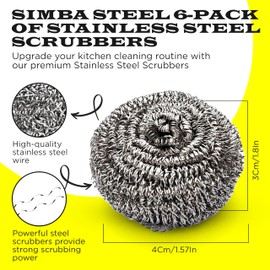 6 Pcs Simba Stainless Steel Wool Scrubber Pads for Cleaning Pans, Pots, Dishes, Ovens, Grills, Sinks, Bathroom and Kitchen, Scourer 6 Pack
