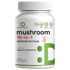 Organic Mushroom Supplement, 8,000mg Per Serving, 240 Veggie Capsules  10 in 1 Defense Formula  Turkey Tail, Lions Mane, Cordyceps, Chaga,  More