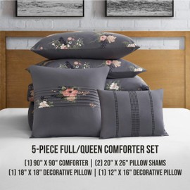Lucky Brand Cali Bouquet Floral Dark Grey Comforter Set with Pillows - Full/Queen Size - 5 Piece Luxurious Bedding Ensemble
