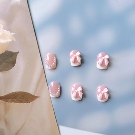 3D Press on Nails Short Pink Bow False Nails Square Fall Fake Nails French Full Cover Nail Degisn White French Tip Nails Press ons Short Acrylic Glue on Nails Cute Pearl Stick on Nails for Women Girls
