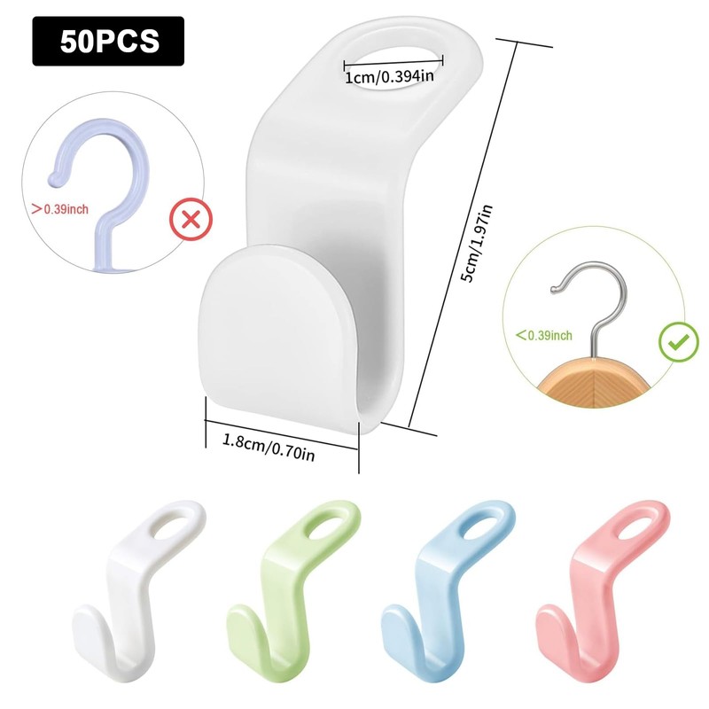 YQQZQ 50P Space-Saving Closet Hanger Connectors,Clothes Hanger Hooks,Pink Blue Green