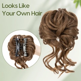 Benehair Messy Bun Hair Piece Wavy Curly Claw Clip Hair Bun Extensions Synthetic Hair Bun Donut Accessories Scrunchies Medium Brown Hair Pieces for Women(Medium Brown, 75g)
