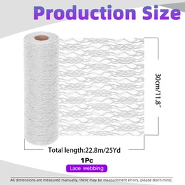 Swpeet 25 Yard by 12" Wide White Lace Fabric Stretch Elastic Table Runners, Ribbon Organza Lace, Edge Trim Ribbon Lace Flowers Ribbon for Garment, Headbands, Wedding Making DIY Crafts