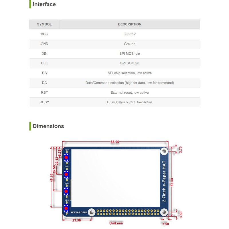 waveshare 2.7inch E-Ink Display HAT Compatible with Raspberry Pi 4B/3B+/3B/2B/B+/A+/Zero/Zero